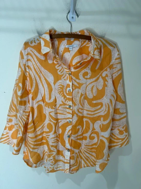 CHICO’S 100% Linen Orange White 3/4 Sleeve Button Front Blouse Size 2 US 12 - Picture 13 of 13